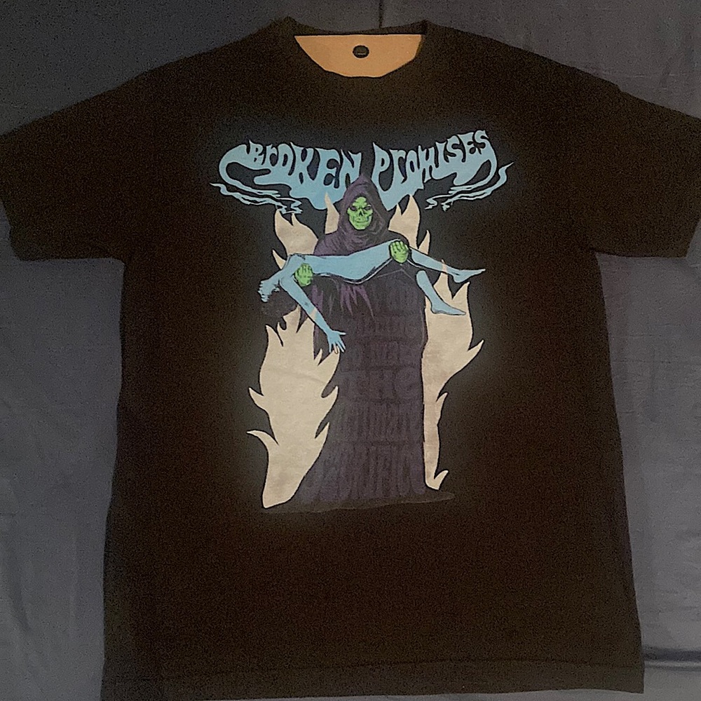 Broken Promises Reaper shirt. Black, purple, blue and green. Size Medium.